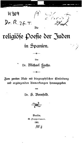 Cover for Die religiöse Poesie der Juden in Spanien