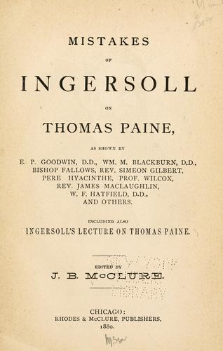 Cover for Mistakes of Ingersoll on Thomas Paine