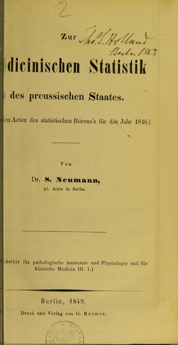 Cover for Zur medicinischen Statistik des preussischen Staates