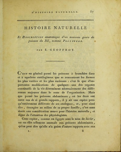 Cover for Histoire naturelle et description anatomique d'un nouveau genre de poisson du Nil, nomm©♭ Polypt©·re