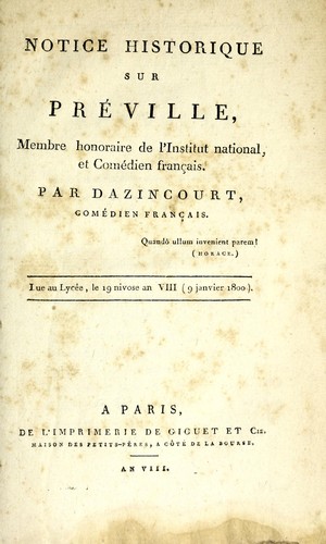 Cover for Notice historique sur Préville, membre honoraire de l'Institut national, et comédien français