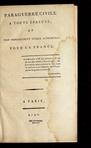 Cover for Paraguerre civile a toute e preuve, et trop probablement unique aujourd'hui pour la France