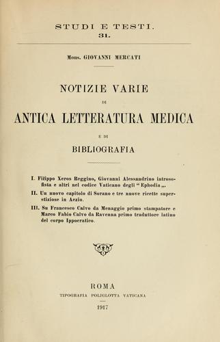 Cover for Notizie varie di antica letteratura medica e di bibliografia.