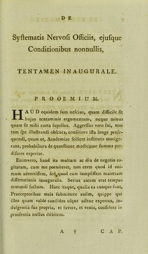 Cover for De systematis nervosi officiis, ejusque conditionibus nonnullis, tentamen inaugurale