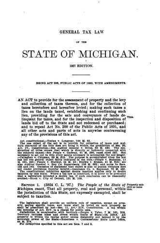 Cover for General Tax Law of 1893 as Amended: Annotations and Citations from Michigan ...