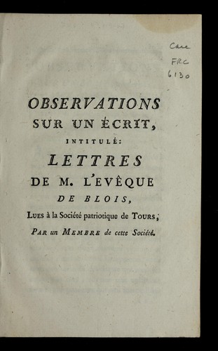 Cover for Observations sur un e crit, intitule