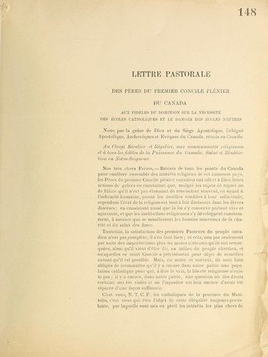 Cover for Lettre pastoral des Archeveques et Eveques du Canada assembles dans le premier Concile Plenier du Canada
