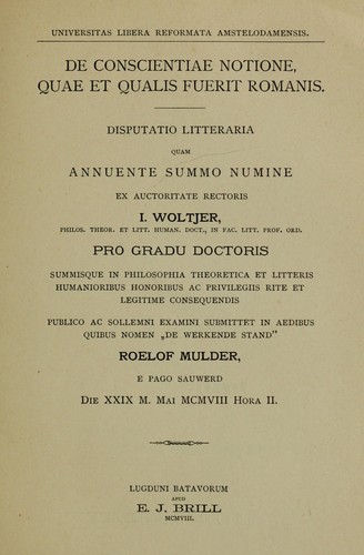 Cover for De conscientiae notione, quae et qualis fuerit Romanis