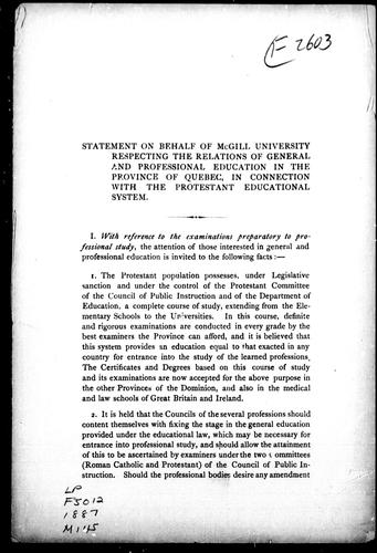Cover for Statement on behalf of McGill University respecting the relations of general and professional education in the province of Quebec, in connection with the Protestant educational system