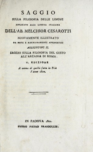 Cover for Saggio sulla filosofia delle lingue applicato alla lingua italiana dell'ab. Melchior Cesarotti