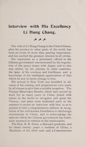 Cover for Interview with His Excellency Li Hung Chang, grand secretary and special ambassador of His Majesty the Emperor of China, by representatives of foreign missionary societies in the U.S.A.