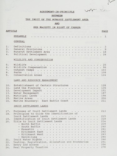 Cover for Agreement-in-principle between the Inuit of the Nunavut settlement area and Her Majesty in Right of Canada.