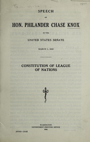 Cover for Speech of Hon. Philander Chase Knox in the United States Senate, March 1, 1919