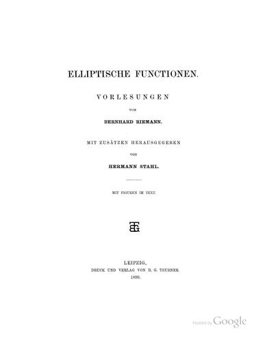 Cover for Elliptische Functionen