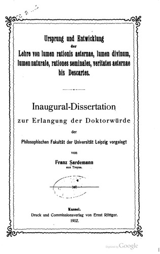 Cover for Ursprung und entwicklung der lehre von lumen rationis aeternae, lumen divinum, lumen naturale, rationes seminales, vertitates aeternae bis Descartes ...