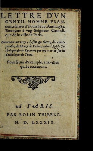 Cover for Lettre d'un gentil homme francois escrites [!] a   Tours le 29. avril. 1589