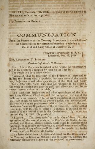 Cover for Communication from the secretary of the Treasury in response to a resolution of the Senate calling for certain information in relation to the Mint and Assay office at Charlotte, N.C.