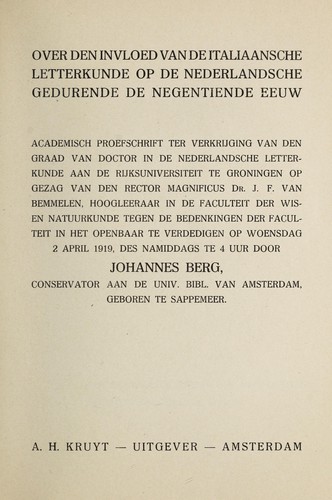 Cover for Over invloed van de Italiaansche letterkunde op de Nederlandsche gedurende de negentiende eeuw