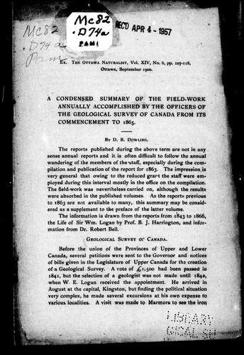 Cover for A condensed summary of the field-work annually accomplished by the officers of the Geological Survey of Canada from its commencement to 1865