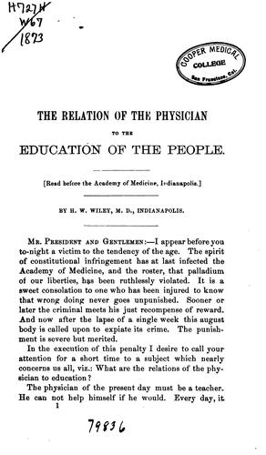 Cover for The Relation of the physician to the education of the people