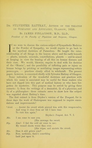 Cover for Dr. Sylvester Rattray, author of the treatise on sympathy and antipathy, Glasgow, 1658