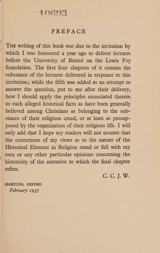 Cover for The historical element in religion. Lewis Fry lectures delivered at the University of Bristol, 1934,