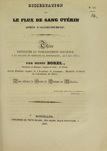 Cover for Dissertation sur le flux de sang ut©♭rin apr©·s l'accouchement