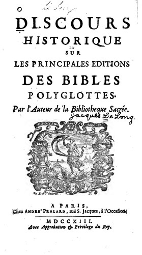 Cover for Discours historique sur les principales editions des Bibles polyglottes