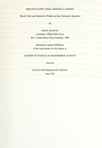 Cover for Missile total and subsection weight and size estimation equations