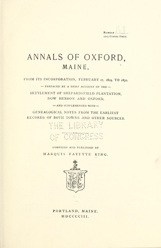 Cover for Annals of Oxford, Maine, from its incorporation, February 27, 1829, to 1850.