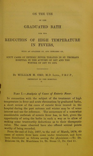 Cover for On the use of the graduated bath for the reduction of high temperature in fevers, with an analysis of, and remarks on, sixty cases of enteric fever treated in St. Thomas's Hospital in the autumn of 1877 and the winter of 1877 to 1878