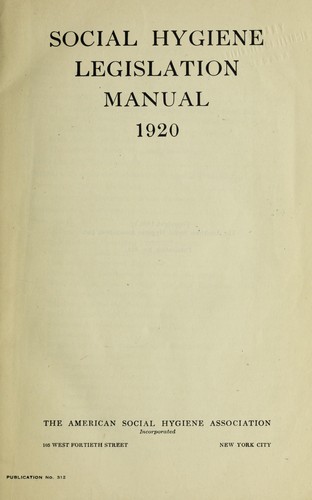 Cover for Social hygiene legislation manual, 1920