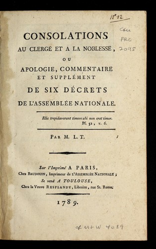 Cover for Consolations au clerge  et a la noblesse