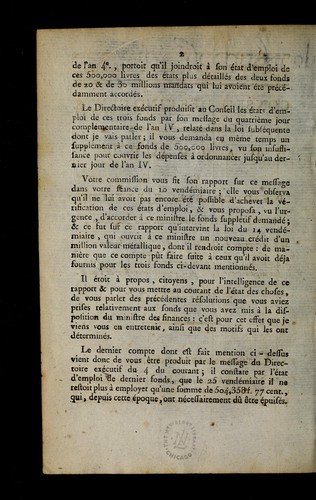 Cover for Rapport fait par Duchastel-Berthelin, membre de la Commission des de penses, sur le message du Directoire exe cutif du 4 brumaire qui demande pour le ministre des finances un cre dit de 4,650,800 liv. en nume raire effectif pour les de penses de son de partement pendant le premier trimestre de l'an V
