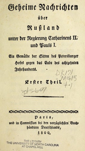 Cover for Geheime Nachrichten über Russland unter der Regierung Catharinens II. und Pauls I.