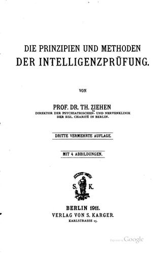 Cover for Die Prinzipien und Methoden der Intelligenzprüfung