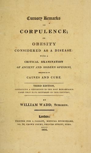 Cover for Cursory remarks on corpulence, or, Obesity considered as a disease