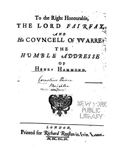 Cover for To the Right Honourable: The Lord Fairfax and His Councell of Warre; the Humble Addresse of ...