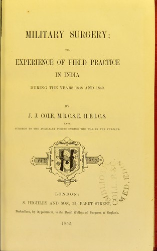 Cover for Military surgery, or, Experience of field practice in India during the years 1848 and 1849