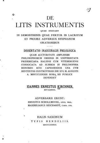 Cover for De litis instrumentis quae exstant in Demosthenis quae fertur in Lacritum et priore adversus ...