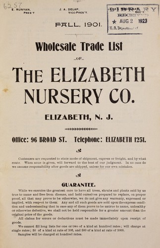 Cover for Wholesale trade list of the Elizabeth Nursery Co