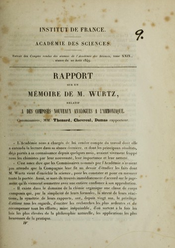 Cover for Rapport sur un mémoire de M. Wurtz, relatif à des composés nouveaux analogues à l'ammoniaque