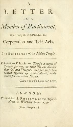 Cover for letter to a Member of Parliament, concerning the repeal of the Corporation and Test Acts