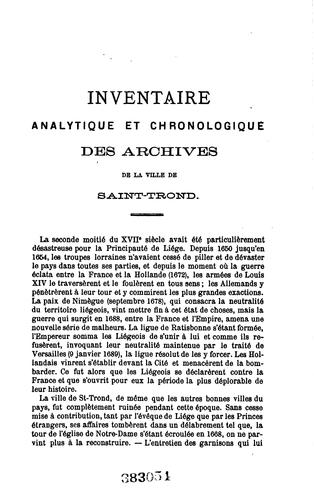 Cover for Inventaire analytique et chronologique des archives de la ville de Saint-Trond