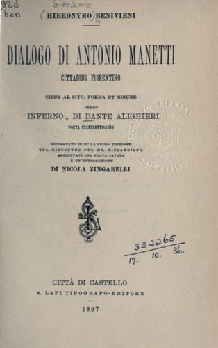 Cover for Dialogo di Antonio Manetti, cittadino fiorentino,  circa al sito, forma et misure dell Infern di Dante Alighieri  ...