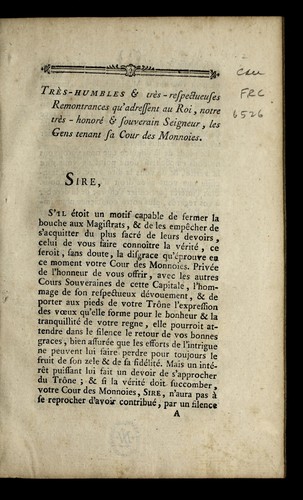 Cover for Tre  s-humbles & tre  s-respectueuses remontrances qu'adressent au roi, notre tre  s-honore  & souverain seigneur