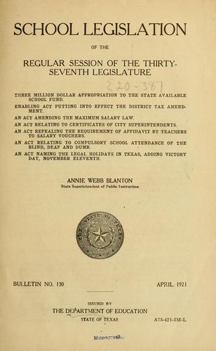 Cover for School legislation of the regular session of the thirty-seventh legislature...