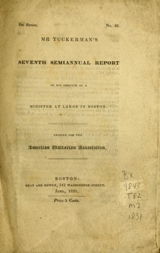 Cover for Mr. Tuckerman's seventh semiannual report of his service as a minister at large in Boston.