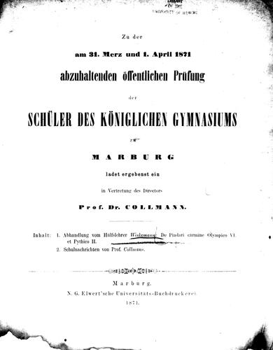 Cover for De Pindari carmine Olympico VI et Pythico II