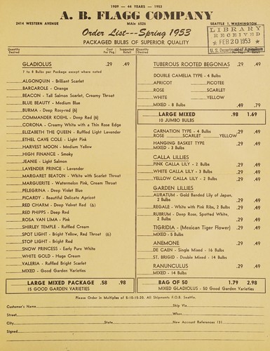 Cover for Order list - spring 1953